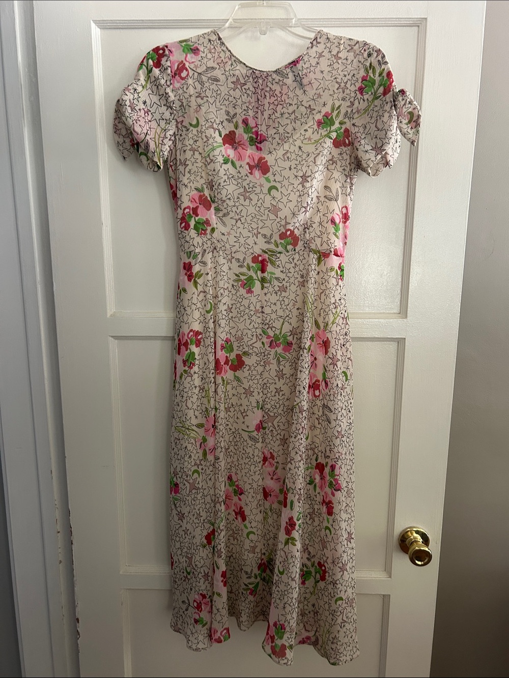 Zara Trafaluc Collection Floral Pink Cream Midi Dress with Short Sleeves